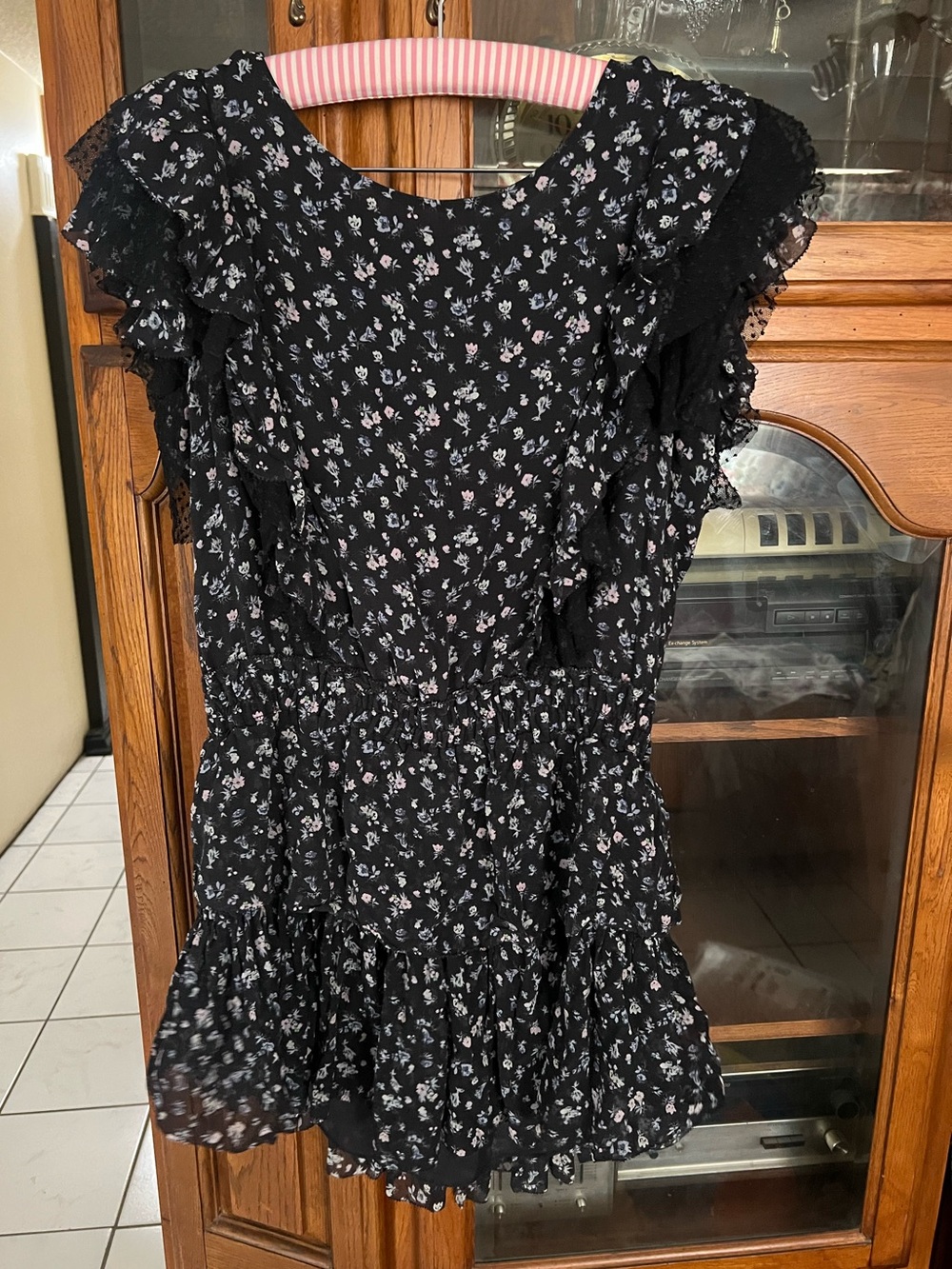 LoveShackFancy Black Mini Dress with periwinkle and Light Pink Floral Print